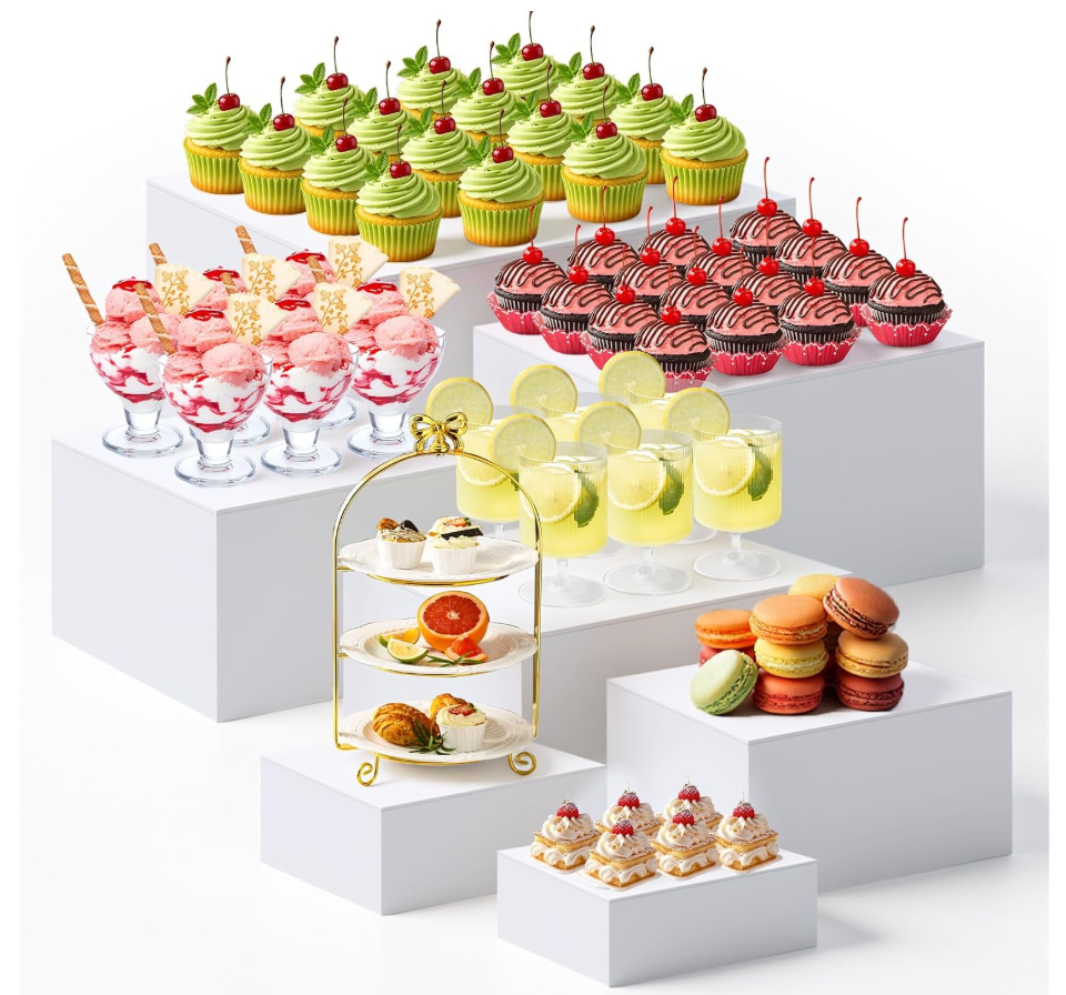 Leinuosen 7 Pcs Extra Large Buffet Risers Set 8" to 14" Acrylic Display Box Square Catering Dessert Table Riser Food Display Decorative Stand with Hollow Bottom for Catering Supplies(White)