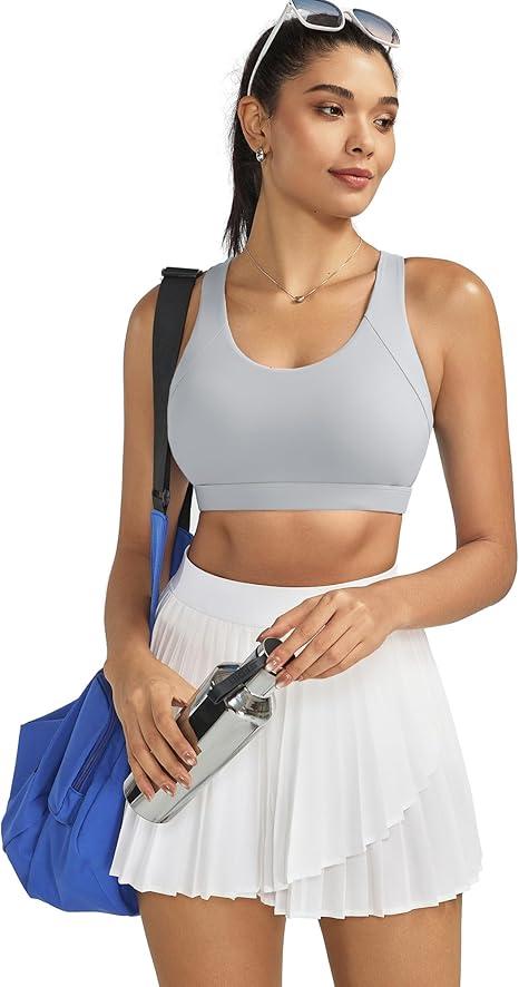 RUNNING GIRL Sports Bras for Women High Support, Criss-Cross Back Strappy Sports Bras for Women with Sewn in Pads(Grey,XL)
