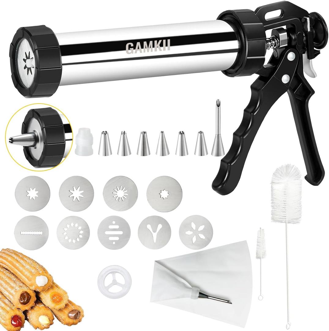 Churro Maker Machine Stailness Steel Churrro Dispenser Kit with 4 Discs for Hollow Churro,5 Cookies Discs, 6 Icing Piping Nozzle, Piping Bag, 2 Clean Brushes for Cake Dessert DIY Maker Cookie Press
