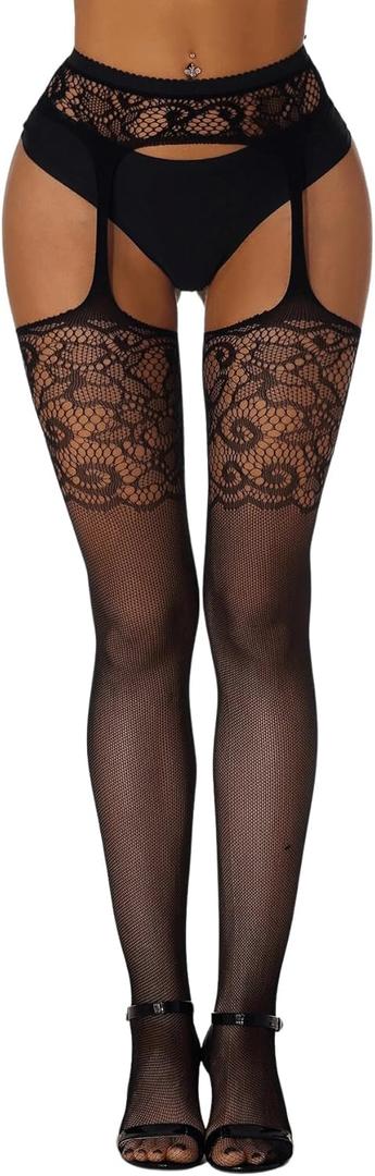 Verdusa Women's Fishnet Stockings Tights High Waist Lace Suspender Pantyhose (Black Plain)