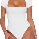 REORIA Womens Sexy Square Neck Double Lined Shirt Stretchy Basic Short Sleeve Going Out Thong Bodysuit Tops (Large, White)