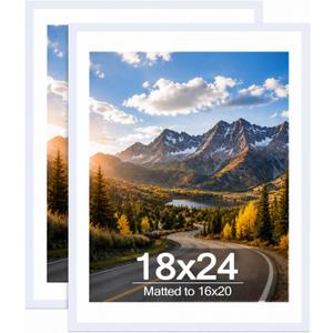 Wood 18x24 Picture Frame with 16x20 Mat White, Display 16x20 with Mat or 18x24 Without Mat, Wood 18 by 24 Photo Frame, 18 x 24 Frame for Wall Hanging Display, White, 2 Pack