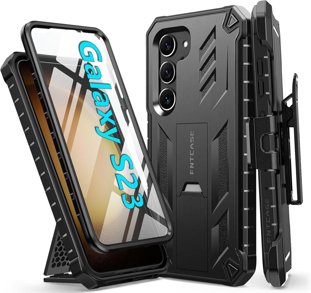 FNTCASE for Samsung Galaxy S23 Case: Heavy Duty Rugged Shockproof Protective Cover with Belt-Clip Holster & Kickstand | Military Grade Protection Rugged Phone Case for Galaxy S23 6.1 inch (Black)