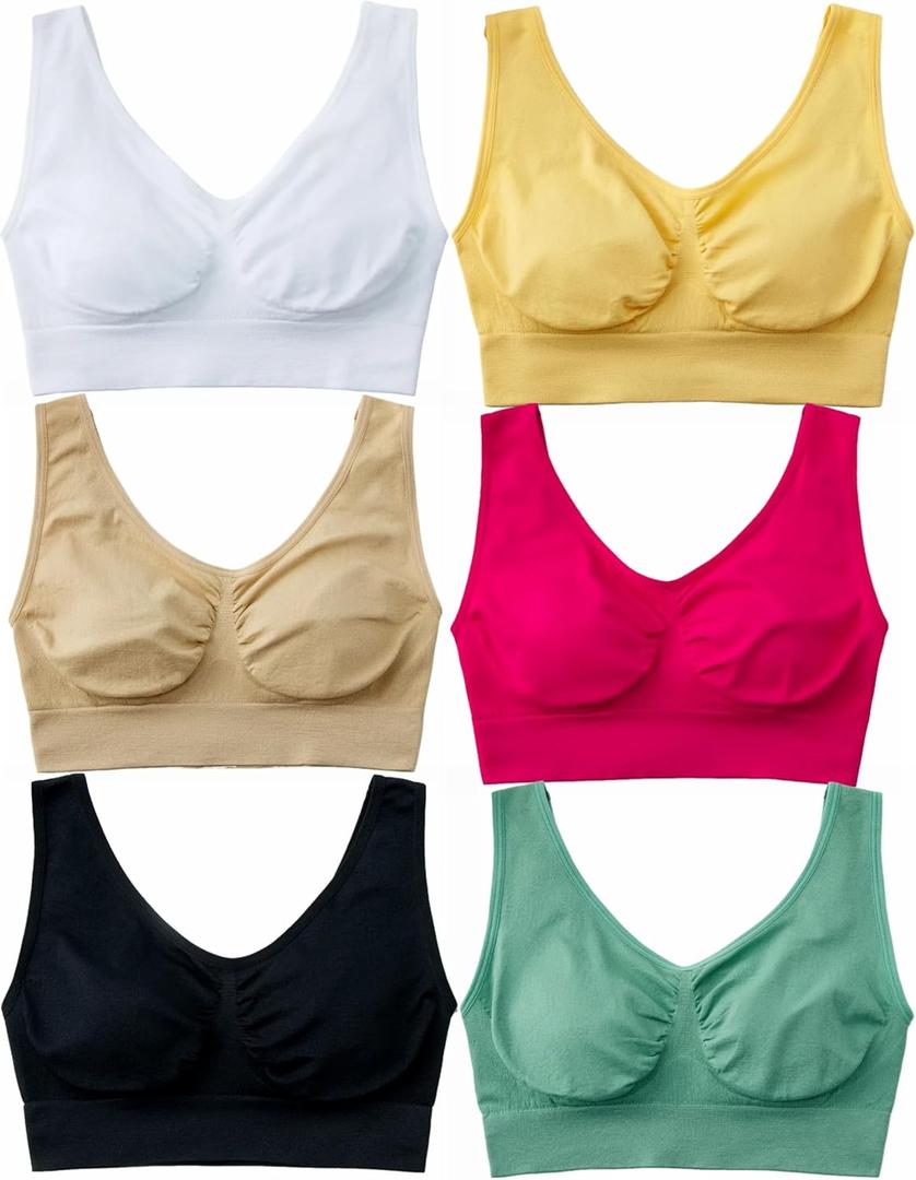 Hiking Gril Women's Comfort Wirefree Bralette Unpadded Sleep Yoga Bra (X-Large, 6pk: Black Nude White Green Merlot Yellow)