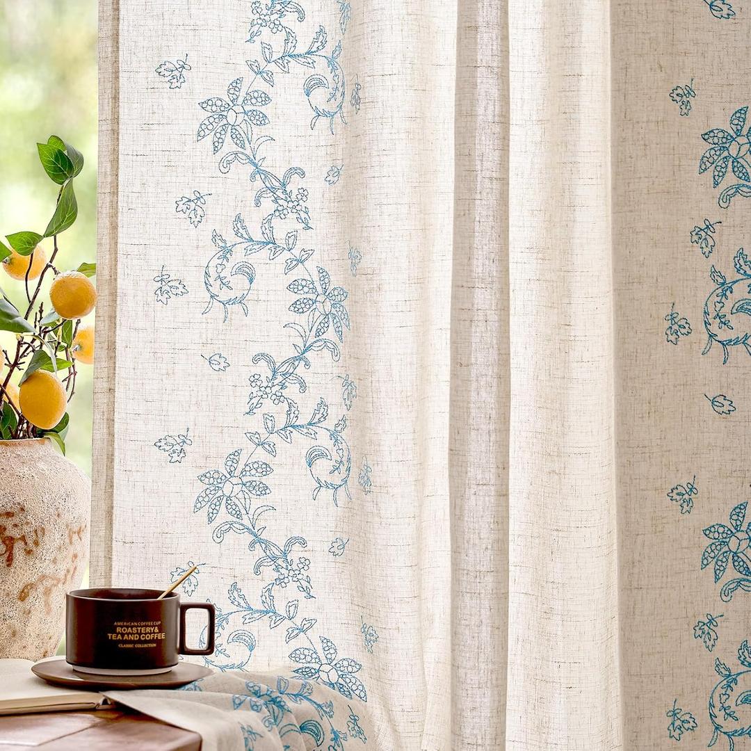 jinchan Evelyn Embroidered Linen Curtains 84 inch Long 2 Panels Blue Curtains for Living Room Bedroom Farmhouse Cottage Core Semi Sheer Light Filtering Floral Window Drapes Rod Pocket Back Tab