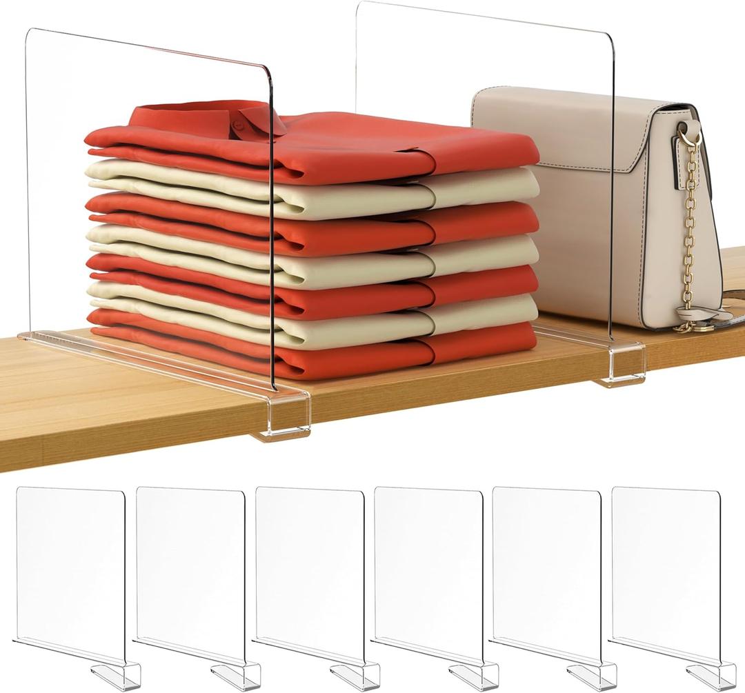 HBlife 12 Inches Tall [Extra Tall Version] Clear Shelf Dividers, 6 Pack Purse Organizer for Closet Perfect for Sweater, Shirts, Handbags, Acrylic Adjustable Bookshelf for Organization