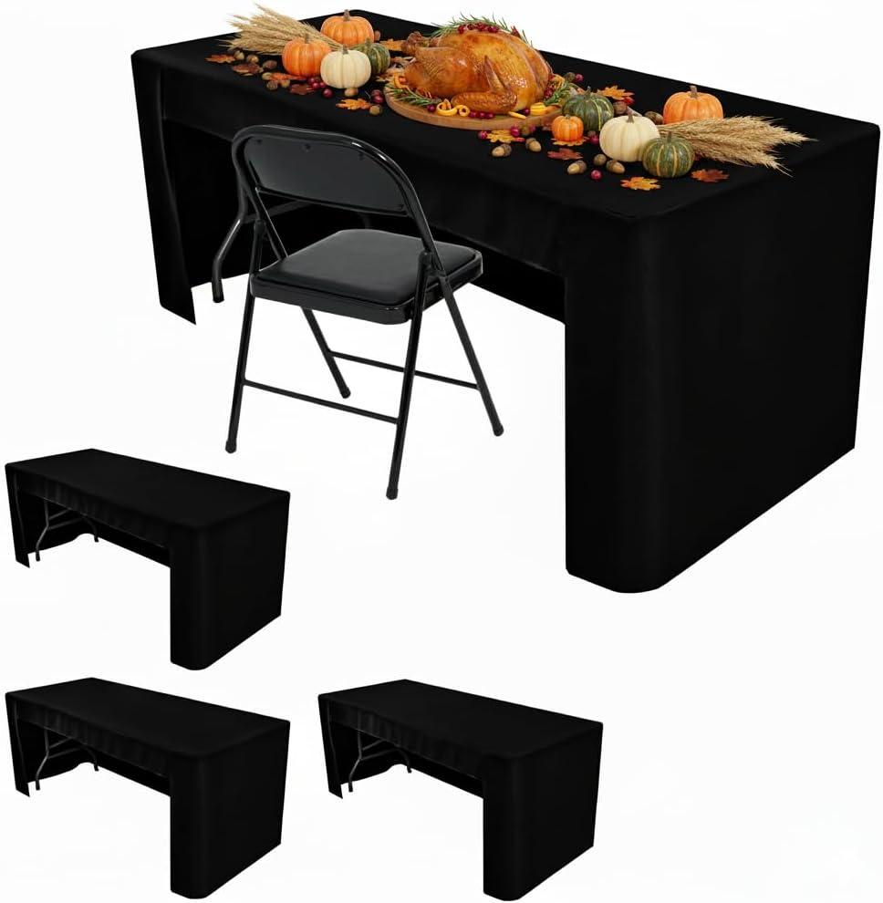 HolidayIdeas Open Back Rectangle Black Table Covers for 6 Foot Table, Wrinkle Resistant Washable Tablecloths 72x30 Inch for Craft Fairs, Banquets, Trade Show Display, 4 Pcs