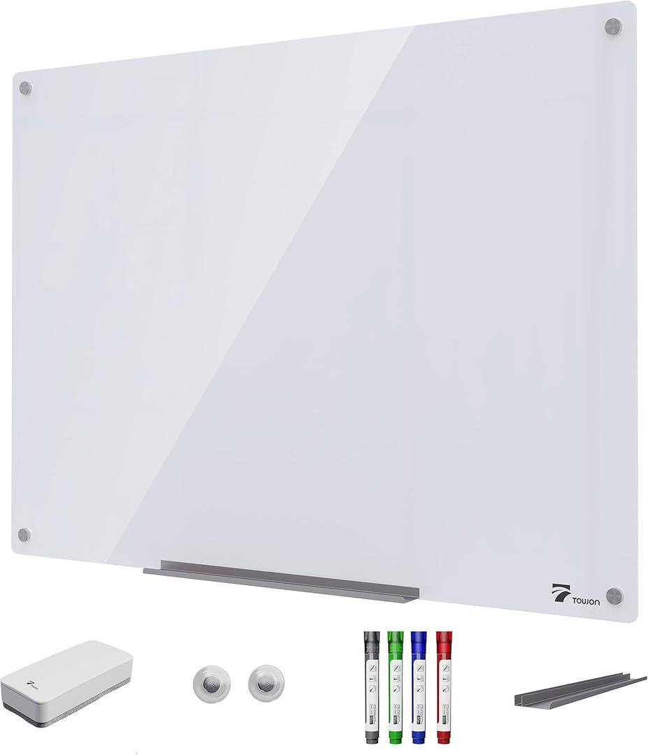 TOWON 47 x 35 Inch Glass Magnetic Dry Erase Board, Glass White Board for Wall, Clean Whiteboard Dry Erase Large, Brilliant White