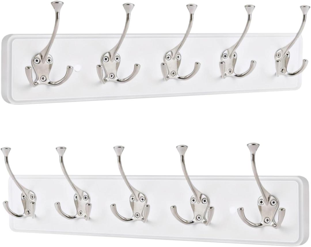 IBosins 2 Pack Coat Rack Wall Mount, 17'' Rustic Wooden Coat Hanger, Heavy Duty Metal Coat Hooks Rail for Entryway Closet Bathroom Coat Jacket Scarf Towel Hat (White Wood Plate & Silvery Tri-Hook)