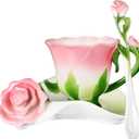 Dandat Ceramic Rose Tea Cups and Saucers with Spoon Rose Flower Shaped Cup and Sauce Set Cute Tea Cups Flower Mug Valentine Birthday Christmas Gifts for Home Office Kitchen, 6 oz(Pink)