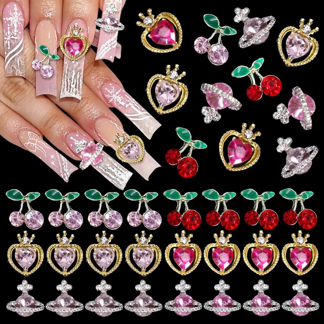 48 Pcs Gold Heart Cherry Nail Gems Charms, 3D Silver Gold Planet Heart Nail Gems for Acrylic Nail Art Heart Nail Charms for Women DIY Nail Art Accessories 48 Pcs Gold Heart Cherry Nail Gems Charms, 3D Silver Gold Planet Heart Nail Gems for Acrylic Nail Art Heart Nail Charms for Women DIY Nail Art Accessories