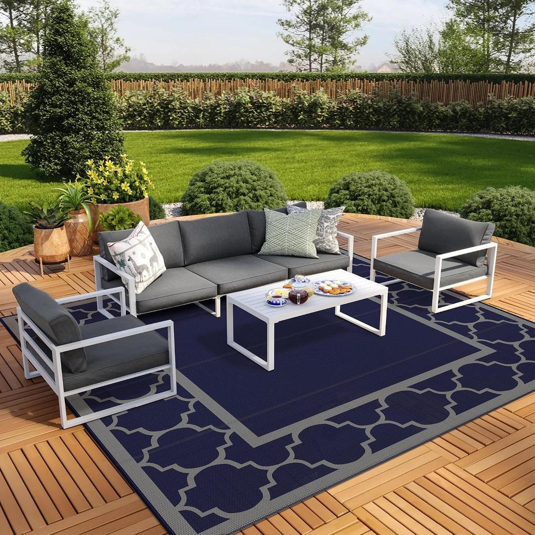 GENIMO 10 'x10 ' Outdoor Rug for Patio Clearance, Waterproof Indoor Outdoor Plastic Straw Rugs Carpet, Reversible Outside Area Rv Mat for Camping, Balcony Porch, Deck, Picnic, Beach (Blue & Grey)
