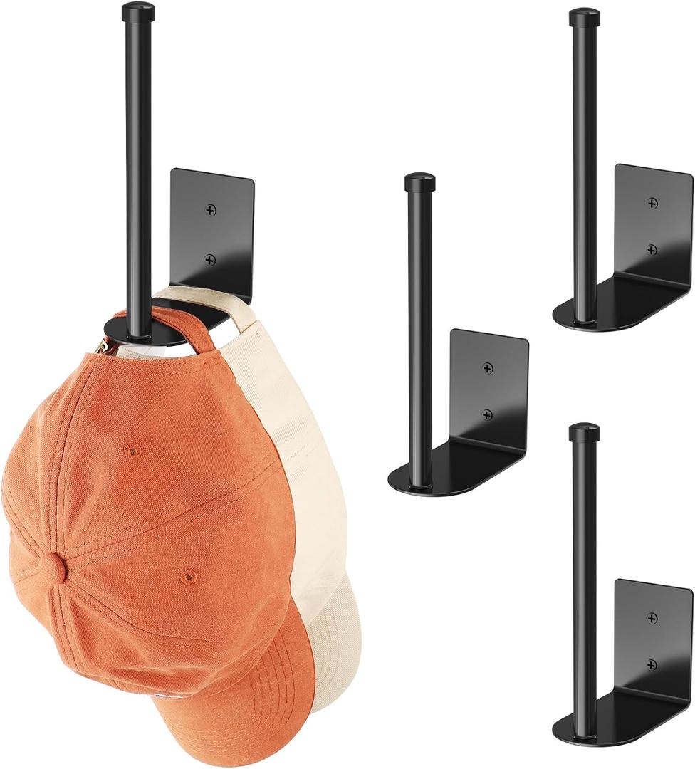 4 Pack Hat Racks for Baseball Caps, Stainless Steel Hat Organizer for Baseball Cap, Hat Holder Storage Organizer, H at Hanger Strong Adhesive/Wall Drilled for Door, Bedroom, Closet(Black 6 in)
