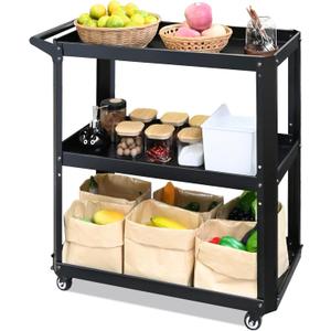 3 Tier Metal Utility Rolling Cart with Wheels, Heavy Duty Storage Organizer Trolley Cart for Kitchen, Bathroom, Office, Bedroom – Multi-Purpose 330Lbs Capacity Utility Cart on Wheels, Black 13.6"D x 27.5"W x 31.5"H