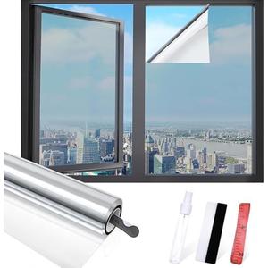 Sesybuty Window Privacy Film with Free Installation Tools, One Way Daytime Privacy Window Film Static Cling Reflective Heat Control Window Tint for Home Office (Silver, 17.5Inch X 13.1Feet)