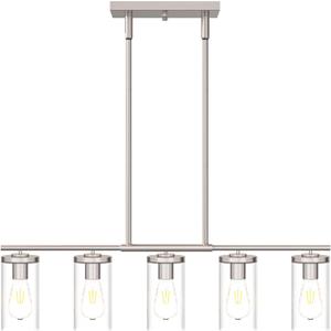 Zevluck 5 Light Island Lights for Kitchen, Nickel Brushed Chandelier Light Fixture with Glass Shades, Dining Room Light Fixtures Over Table with Adjustable Rods, Farmhouse Chandeliers for Dining Room