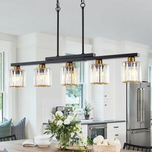 Kitchen Island Light Fixtures 5 Lights Black and Gold Chandeliers for Dining Room Over Table, Modern Luxury Crystals Pendant Lighting Hanging