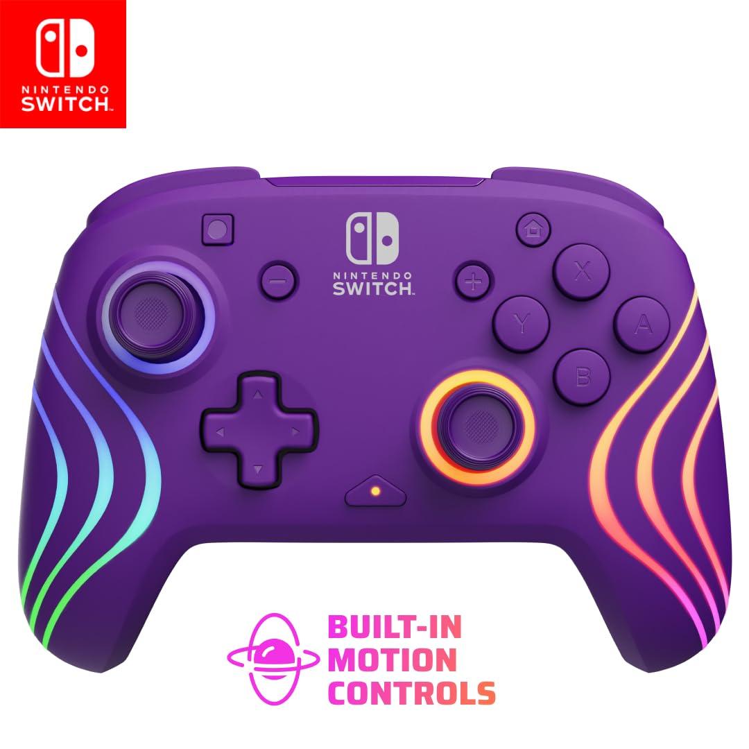 PDP Gaming Afterglow Wave Wireless Nintendo Switch Pro Controller - Officially Licensed, Nintendo Switch 2, Switch Lite/OLED, RGB LED Customization, App Controls, Rechargeable Battery Power - Purple