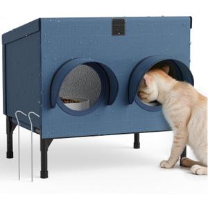 Outdoor Cat Feeding Shelter for Feral & Stray Cats, Insulated Dining Room with Slanted Roof & Double Feed Hole, Connects to PELUOMOZ Cat Houses, Windproof & Weatherproof Navy Blue, 16"12"15.5"