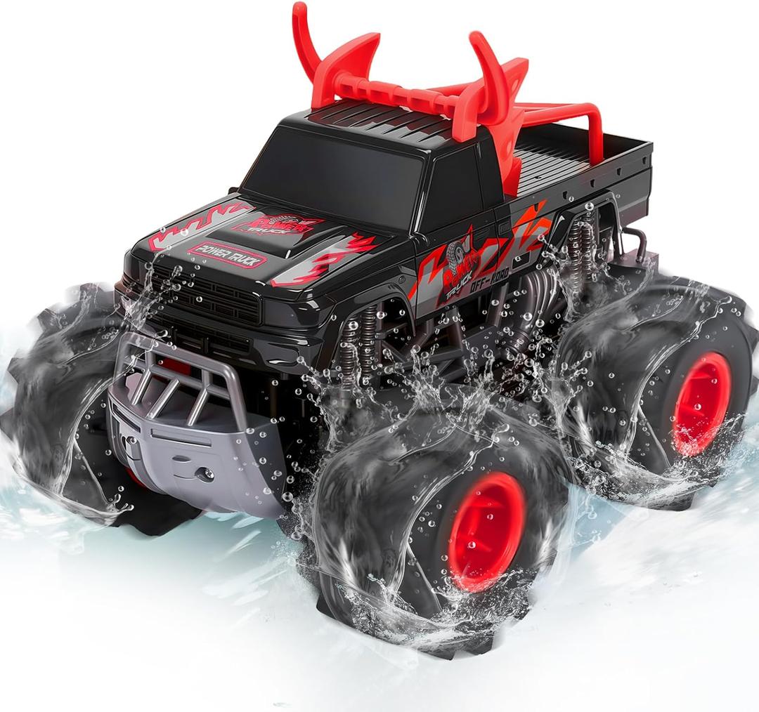 BainGesk Remote Control Monster Truck Toys, 1:16 Amphibious Waterproof RC Car, 2.4GHz 4WD All Terrain Toys with 2 Rechargeable Batteries, Off-Road Truck Gifts for 6 7 8 9 10 11 12 Year Old Boys (Red)
