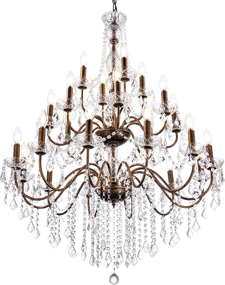 Wellmet Black Chandelier Light Fixture, Luxury Maria Theresa Crystal Chandeliers for High Ceiling Foyer, 24 Lights Hanging Pendant Light for Living Room EntryWay Hall Staircase Large 35.66" (Bronze)