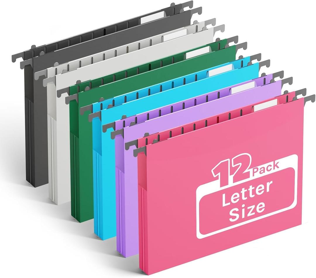 Ansook Extra Capacity Plastic Hanging File Folders,1" Expanding Accordian Pocket,Heavy Duty for Filing Cabinet, Hard and Durable Hang Folders,Insertable Tabs,Letter Size,Assorted Colors - 12 Pack