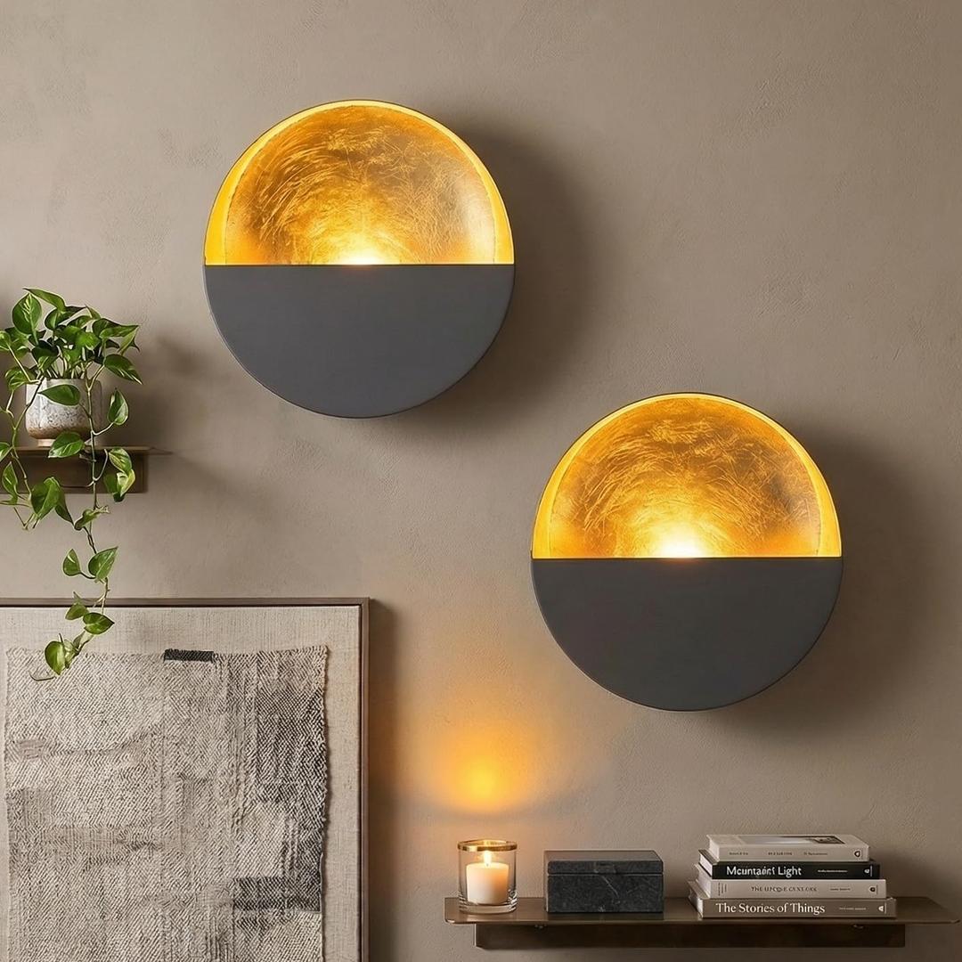 NativeSkins Eclipse Wall Candle Sconces Set of 2  6.5" Round Metal Tea Light Holders (3" Depth) with Gold Leaf Interior  Antique Nickel Decorative Accent for Bedroom, Hallway, Bathroom