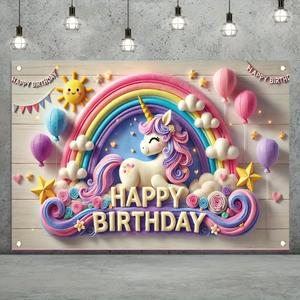 Rainbow Unicorn Theme Birthday Banner Happy Birthday Backdrop Background Party Decoration