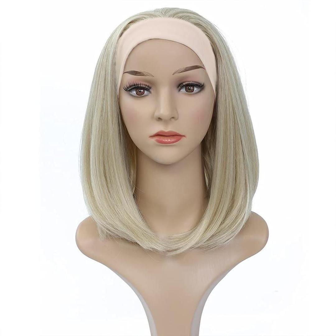 Hair Headband Wigs for Black and White Women Blonde Wig Glueless Synthetic Short Bob Cosplay Wig 180% Density None Lace Front Wigs for Daily Use 12 Inch (Mix Blonde/Beige Headband)