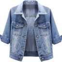 Locachy Womens 3/4 Sleeve Short Denim Jacket Lapel Button Down Cropped Trucker Jean Jackets Coats (X-Large, Light Blue)