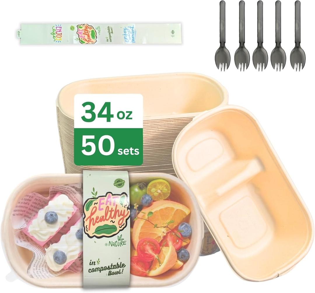 50 Sets 34oz Compostable Paper Containers - 2 Comp, Microwave&Leak-Proof with Lids/Spoons - Oil-Proof for Lunch/Catering/Takeout, BPA-Free Sugarcane Fiber Supplies for Lunch, Party, Takeout