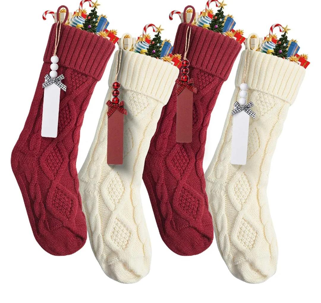 Mr. Pen Personalized Christmas Stockings with Wooden Name Tags, Set of 4, 18" Red & Cream Cable Knit Stockings for Christmas