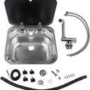 Square Single Bowl RV Sink with Folding Lid and Faucet (Cold/Hot) Stainless Steel Hand Wash Basin Sink for RV Camper Caravan Boat Home 16.5"D x 14.3"W x 6.3"H