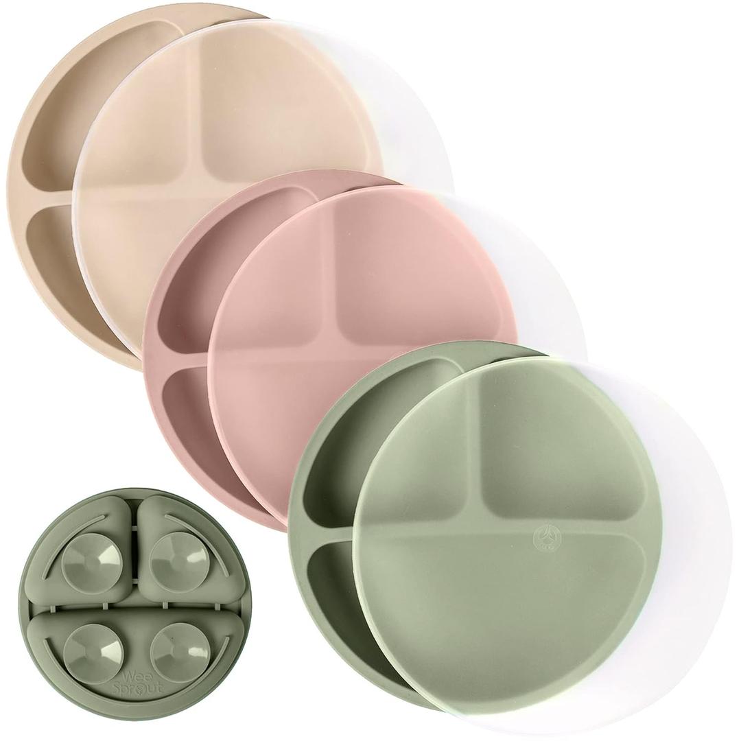 WeeSprout Suction Plates with Lids for Babies & Toddlers - 100% Silicone, Dinnerware Stays Put, Divided Design for Picky Eaters, Microwave & Dishwasher Friendly, 3 Pack (Matte Green, Pink & Off White)