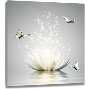 Modern Grey Zen Wall Art for Bathroom Retro Butterfly and White Floral Bloom in Water Abstract Canvas Wall Art Wall Paintings Spa Wall Pictures for Living Room Bedroom Office Ready To Hang, 12x12 Inch