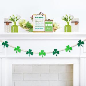 4.2 FT St. Patrick's Day Wooden Beads Garland with Clover Charms, Irish-Themed Shamrock Beaded Tiered Tray Decor, Rustic Farmhouse Banner for March Celebration, Shelf Display, Fireplace, Wall Decor (3-leaf Clover)