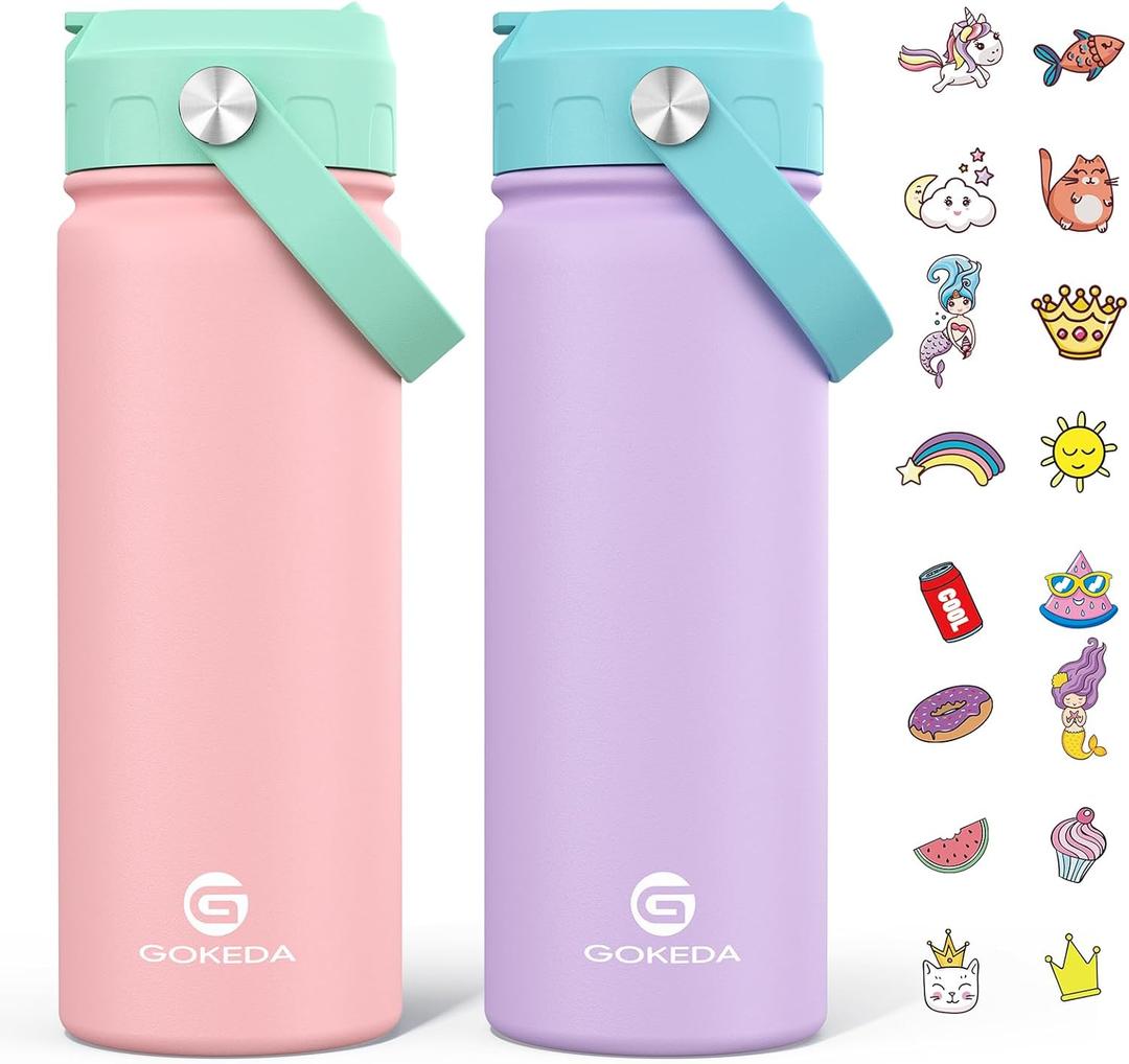 GoKEDA 18oz Kids Water Bottle, 2 Pack Insulated Bottles with Stickers, 18/8 Stainless Steel Vacuum Leak Proof Straw Cup for School, Gifts for Girls(Pink, Purple)