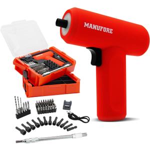 MANUFORE 55pcs 2-layer 3.7V Household Electric Cordless Screwdriver Set with LED Light and Charging cable, 2 Level Tool Box for Home, Car