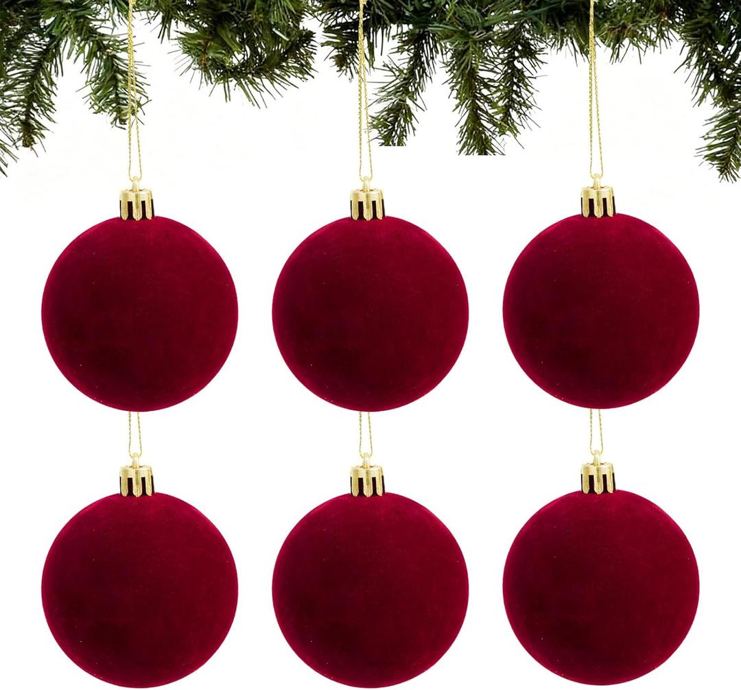 6pcs Velvet Christmas Balls 2.36 Inches Flocked Christmas Hanging Ornaments Ball Red Xmas Tree Velvet Balls for DIY Craft Projects Wedding Christmas Tree Home Decor