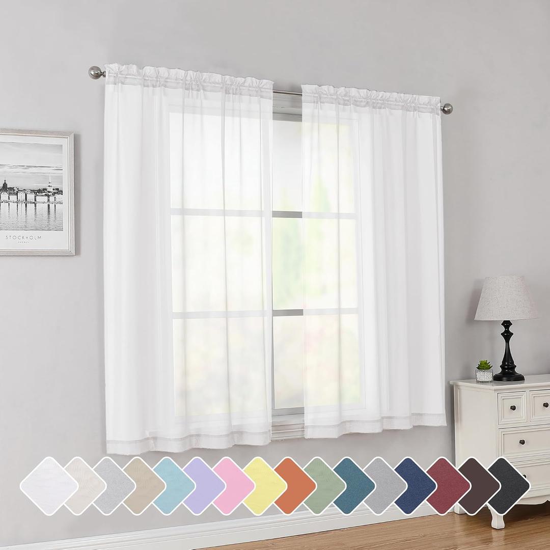 Simplebrand Rod Pocket Top Solid Voile Sheer Curtains for Bedroom, 54 Inch Length Drapes Set of 2, Lightweight and Light Filtering Elegant White Curtains Panels Window Treatment, 42W54L, White