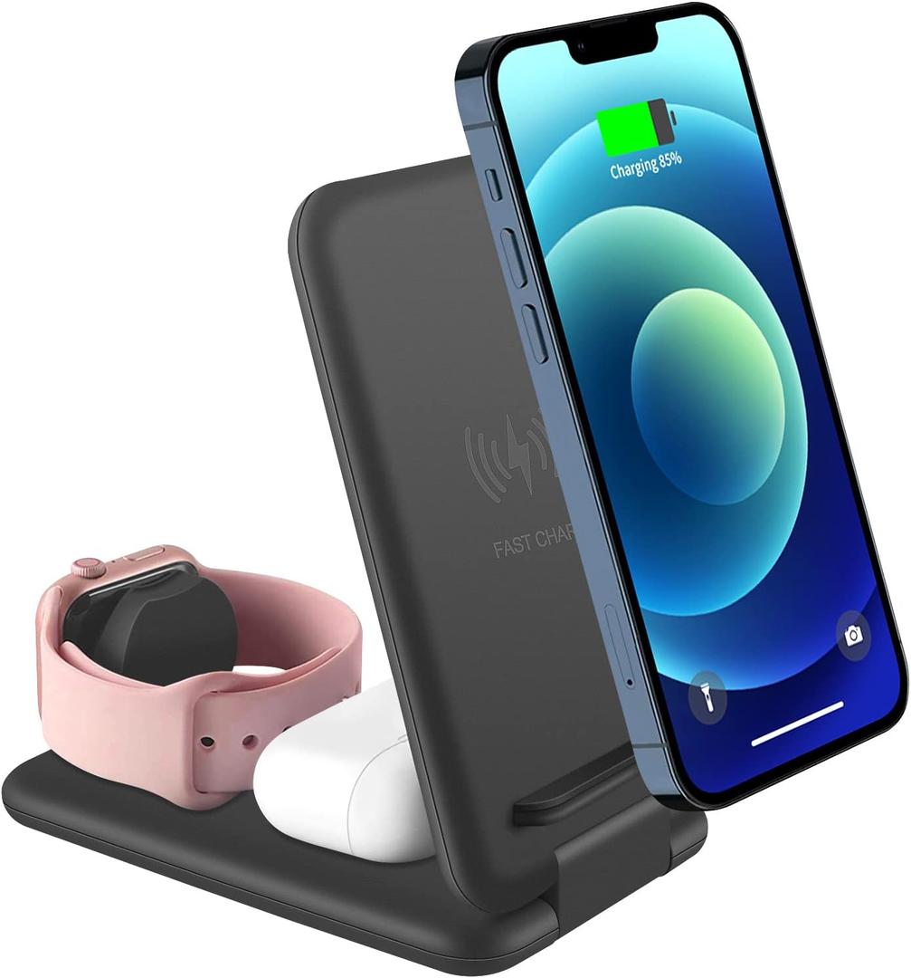 elec Space Wireless Charger, 3 in 1 Qi-Certified Folding Fast Wireless Charging Station for iPhone 14/13/12/11/X/XR/Xs Max, Apple Watch Series and Airpods, Compatible with Samsung S22/S21 (Black)
