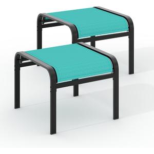 Outdoor Ottoman Set of 2, Outdoor Foot Stool with Textliene Fabric, Metal Frame, Stackable Oversized Foot Rest for Patio Garden Pool, Teal, 22.8"D x 22.1"W x 17.1"H