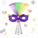 Queekay Mardi Gras Mask Miniature Tree Topper Masquerade Masks with Feather Decorations 4 Inches Mini Purple Green Gold Tree Ornaments for Christmas Carnival Party Decor