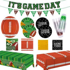 Gatherfun Football Party Supplies Kit for 24 Guests - Includes Large 12.5in Plates, Dessert Plates, Napkins, Cups, Banner and Touchdown Tablecloth - for Football Tailgate Party Decorations