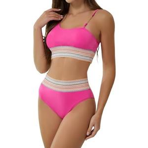 Kujurnms Women's High Waisted Bikini Sets Tummy Control Swimsuits 2 Piece Color Block Adjustable Straps Bathing Suits 2025, M