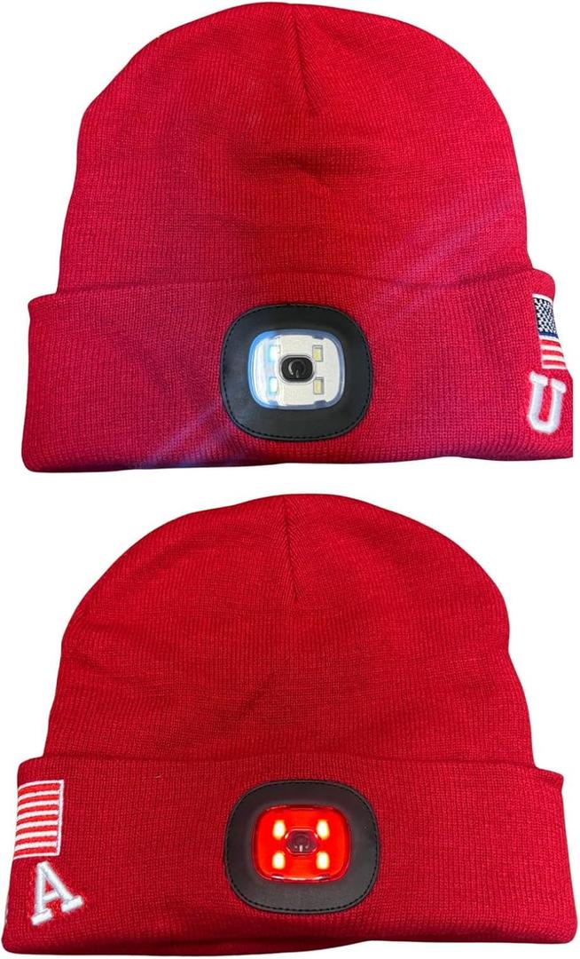 LED Beanie Hat with Rechargeable Headlight & Rear Red Light, 3 Modes, USB Charging, Warm Winter Cap with USA Logo