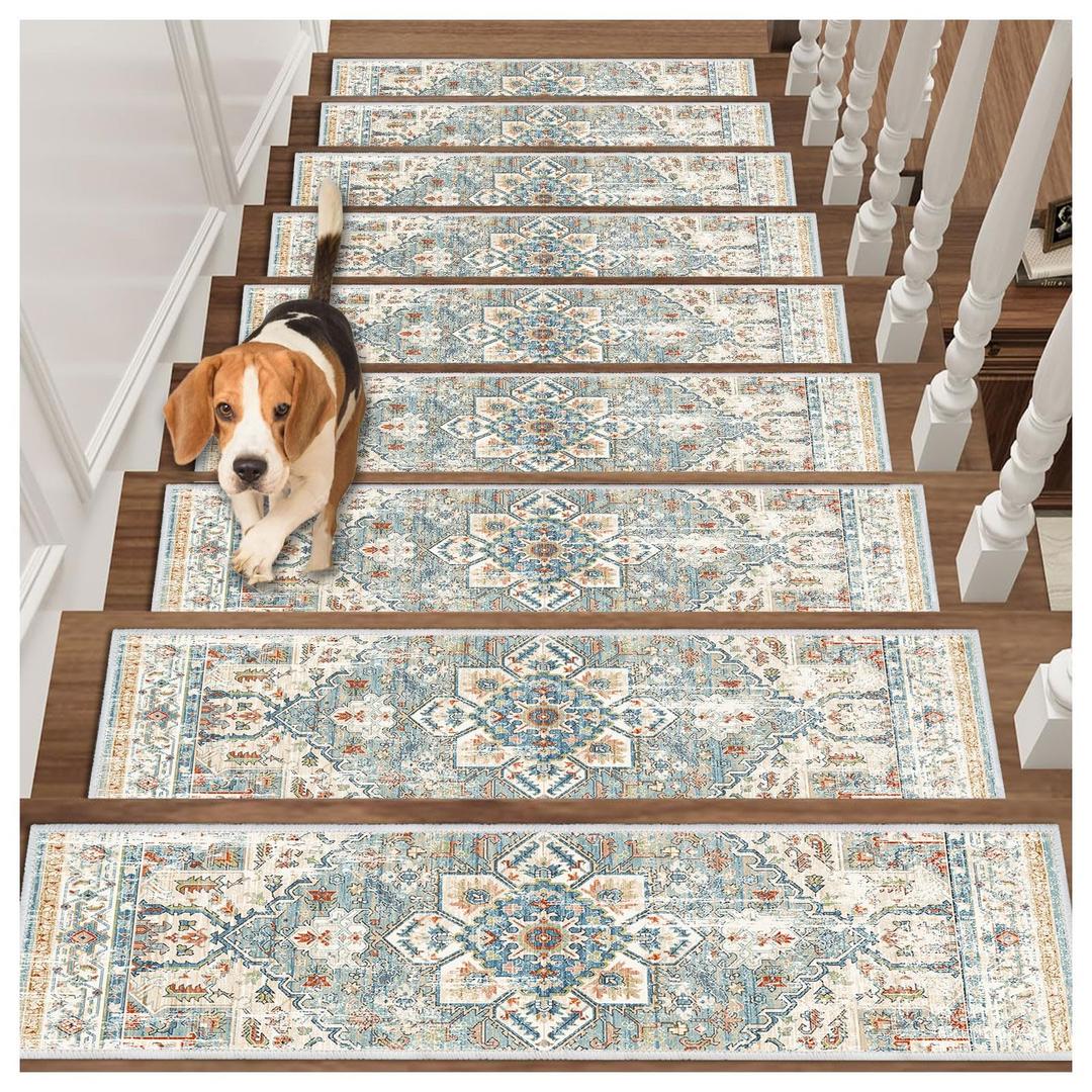 Edging Stair Treads Non-Slip Carpet Mat, 30in X 8in Indoor Stair Runners for Wooden Steps, Rubber Backing Stair Rugs for Kids Elders and Pets(Blue/Beige,15PCS)