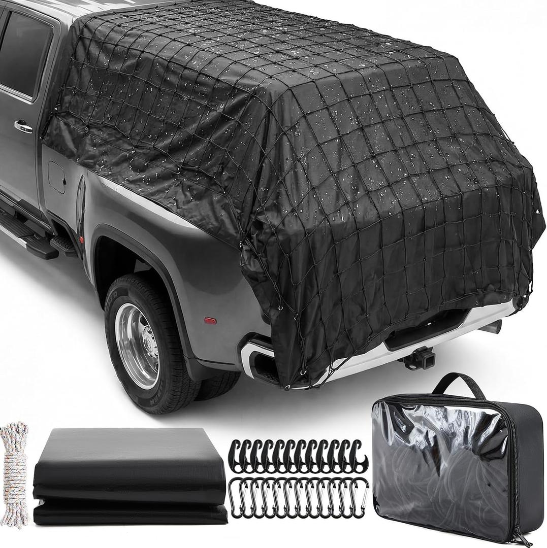 Tranqun Cargo Net for Pickup Truck Bed, XXL 6' x 10' Waterproof Truck Bed Tarp Cover & 4' x 6' Stretches to 8' x 12' Net Kit, Complete Cargo Securing Set with D-Rings, Hooks & Rope