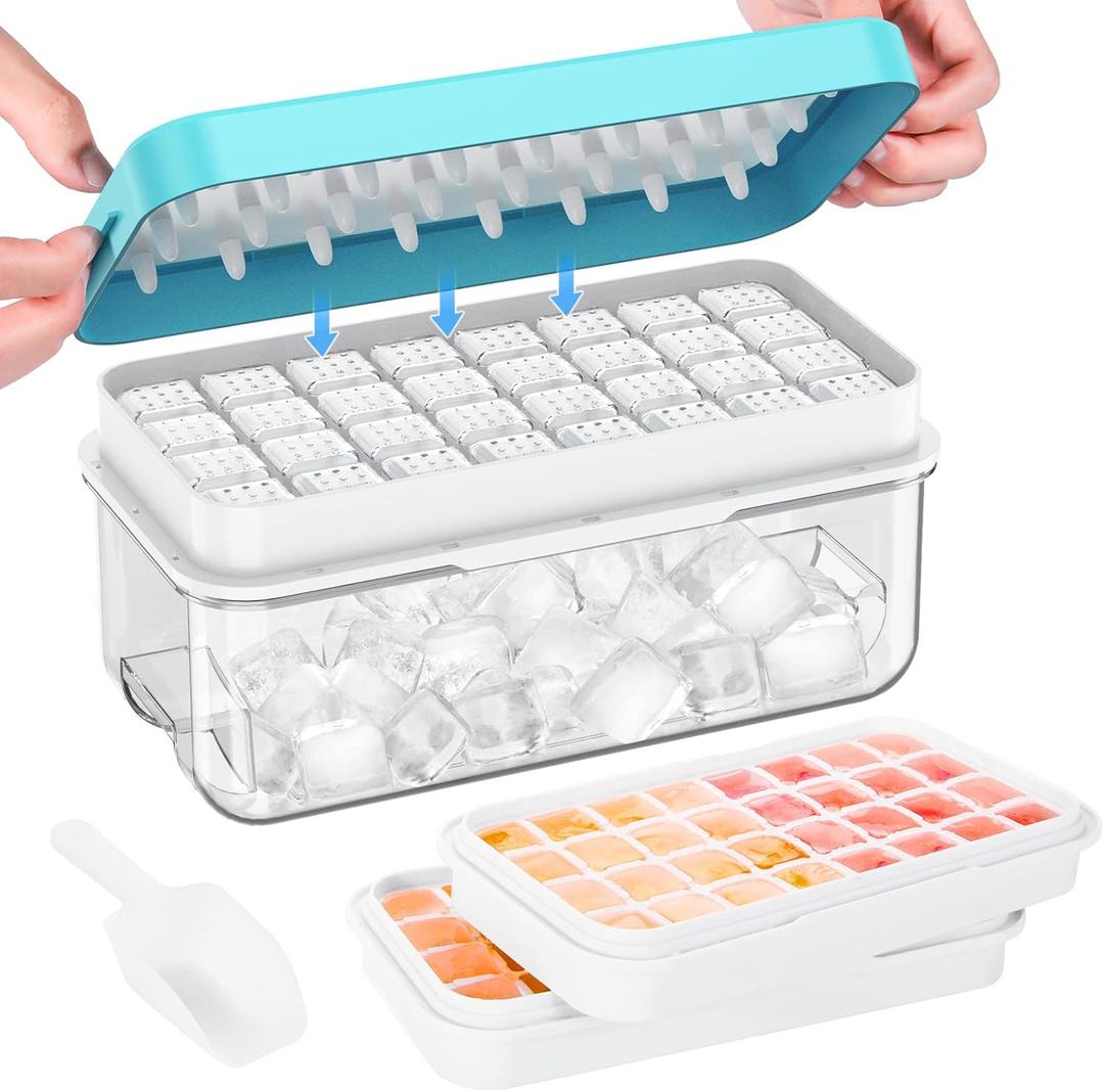 1.0" Ice Cube Tray with Lid and Bin, PHINOX 64 Cubes Ice Trays for Freezer, Ice Cube Trays for Freezer with 2 trays, Container, Lid & Ice Scoop, BPA Free, Blue(32Cubes/Tier)