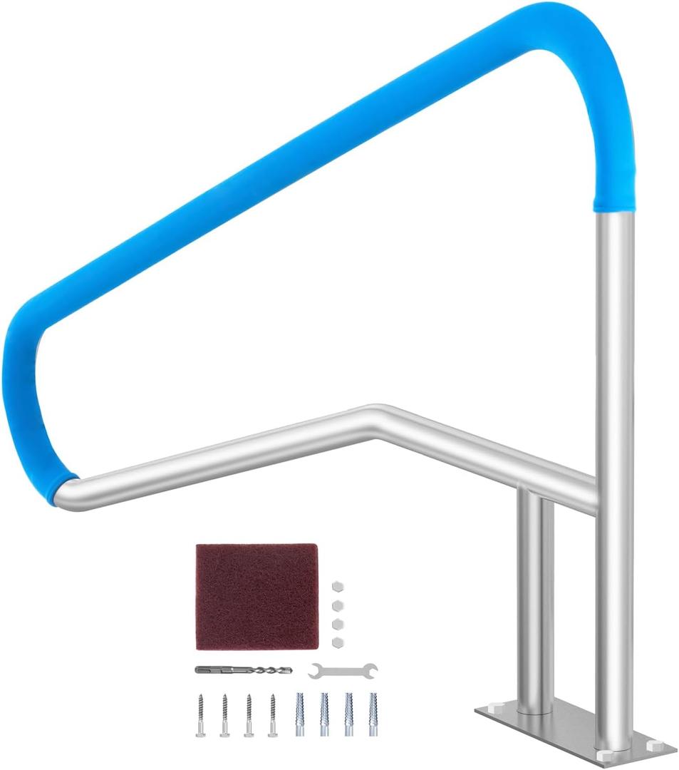 VEVOR Pool Rail 54x36 Pool Railing 304 Stainless Steel 250LBS Load Capacity Silver Rustproof Pool Handrail Humanized Swimming Pool Handrail with Blue Grip Cover & M8 Drill Bit & Self-Taping Screws
